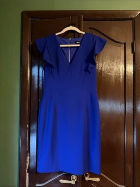DKNY Cobalt Blue V-Neck Flutter Sleeve Midi Dress